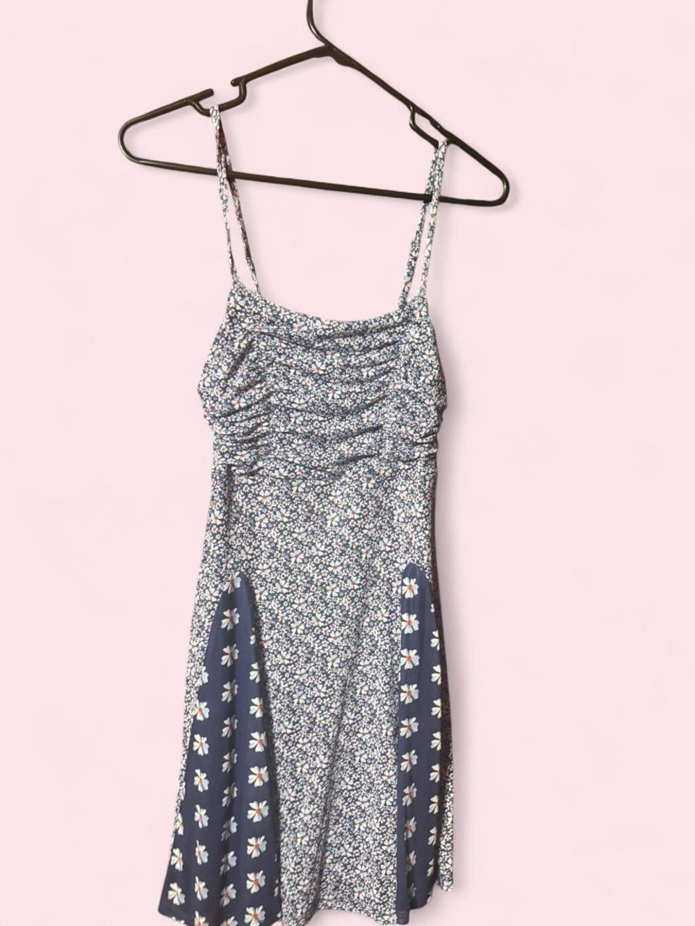 Floral Print Blue Dress with Spaghetti Straps
